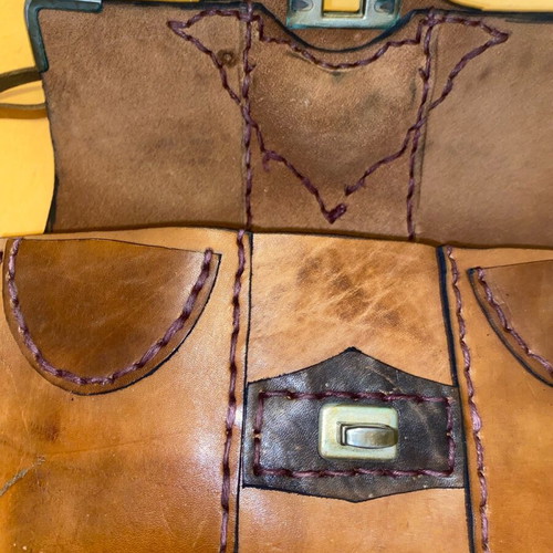 Vintage leather envelope bag for women used, handmade, brown
