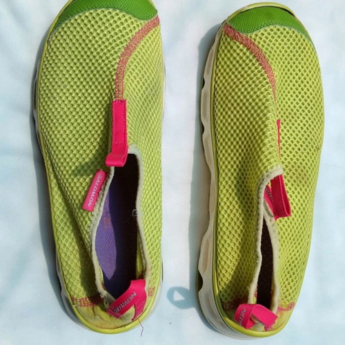 Salomon RX MOC lightweight recovery slip-on sneakers used, size 41-41.5, pink and green