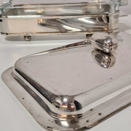 Vintage silver-plated tray with Pyrex used, with base and lid