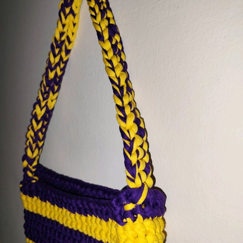 Crochet bag handmade shoulder bag from mako yarn yellow-purple new