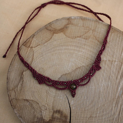 Macrame necklace handmade burgundy with semi-precious stone and bronze beads new