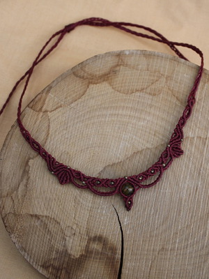 Macrame necklace handmade burgundy with semi-precious stone and bronze beads new