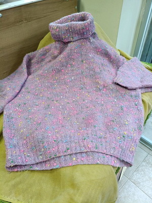 Knitted women's sweater used, vintage, handmade, pink multicolor