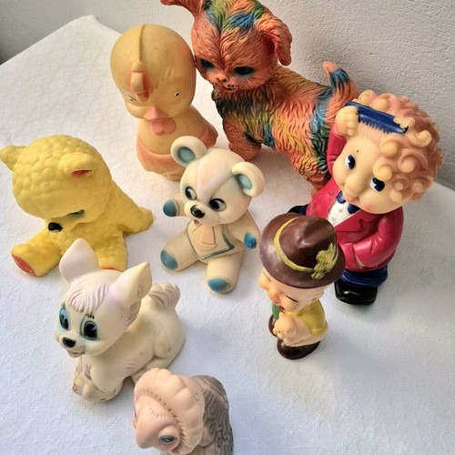 Vintage squeaky toys set of 8, used plastic and rubber figures