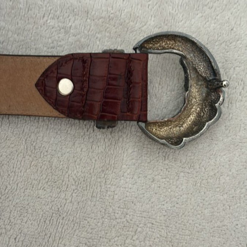1996 Omega Sterling brown leather belt 95cm, western style, alligator print buckle