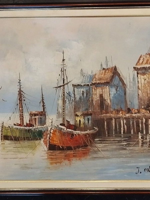 Handmade oil painting Harbor with boats signed J. Ones 57x47cm