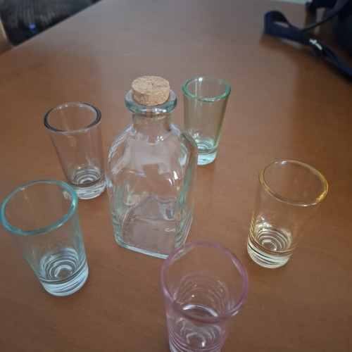 Set of 5 Colored Shot Glasses with Bottle like new