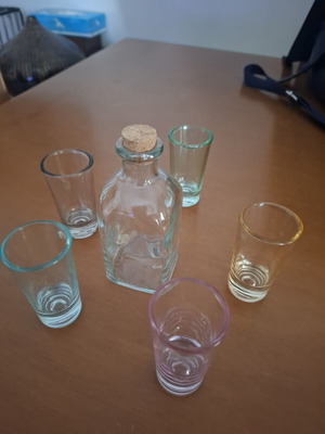 Set of 5 Colored Shot Glasses with Bottle like new