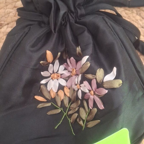 Handmade pouch new black embroidered flowers with extra gifts