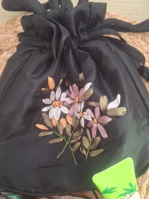 Handmade pouch new black embroidered flowers with extra gifts