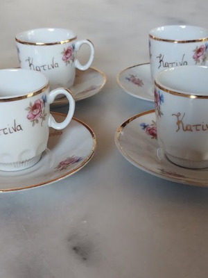 Porcelain Coffee Cups Set "Stefanos & Katina" Vintage 6 pcs
