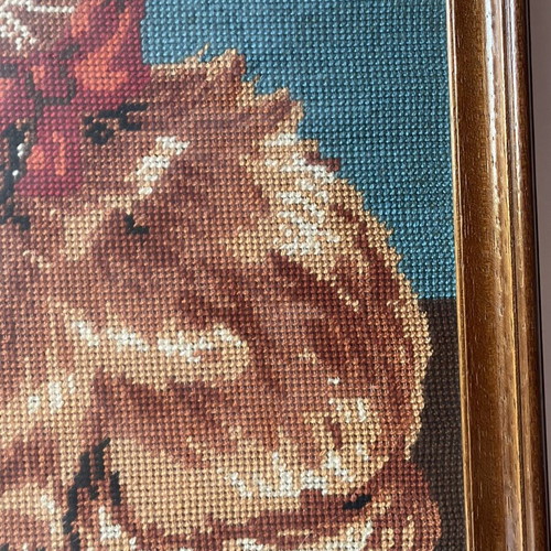 Vintage Handmade Needlepoint Embroidery Framed Cat with Bow used