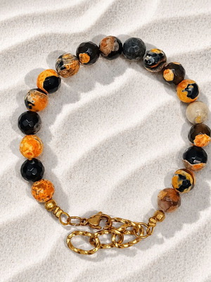 Handmade bracelet with steel chain and faceted agate new, black and orange