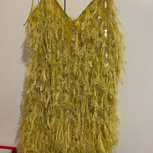 slim fit dress slacks Fringe Foiled Bandage Dress  bebe