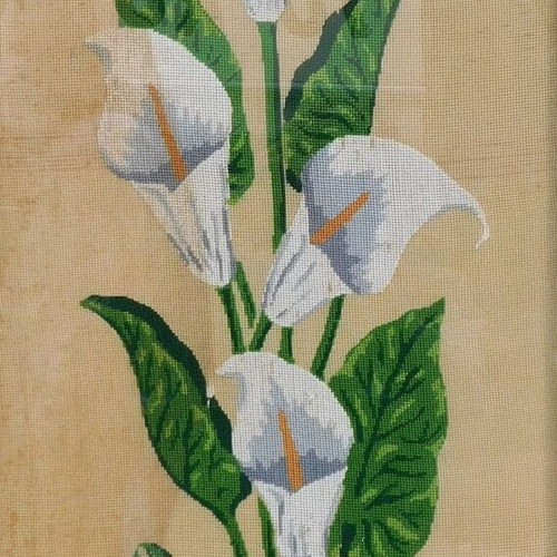 Embroidered painting with protective glass and carved wooden frame
