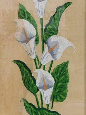 Embroidered painting with protective glass and carved wooden frame