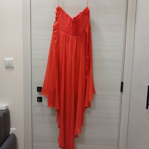 Red Strapless Dress L Cecilia like new, polyester, uneven hem