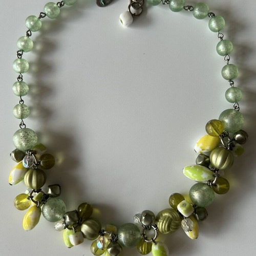 Handmade summer necklace with beads used, mint and lime colors