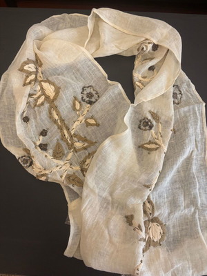 Massimo Dutti Linen Scarf with Embroidery new, beige and gold