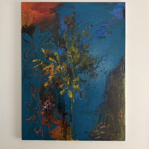 Original Abstract Acrylic Painting on Canvas, Floral Blue Art