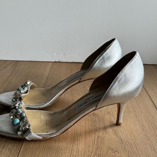 Jimmy Choo Lotus silver leather crystal shoes used size 38.5