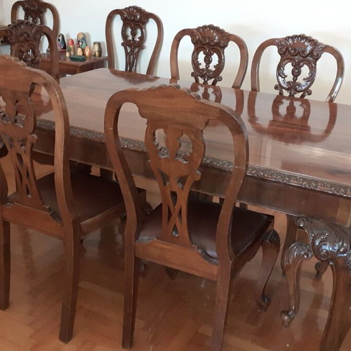 Antique 100-year-old dining set like new, solid walnut wood