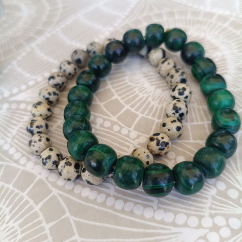 Bracelets with semiprecious stones malachite and dalmatian jasper