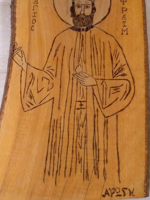 Handmade saint icon pyrography on beech wood