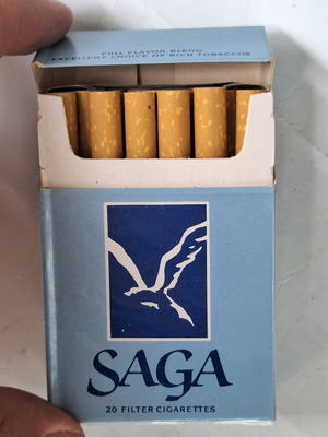 Saga cigarette pack used, full
