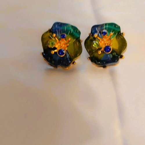 Earrings new blue and green resin flower in gift box