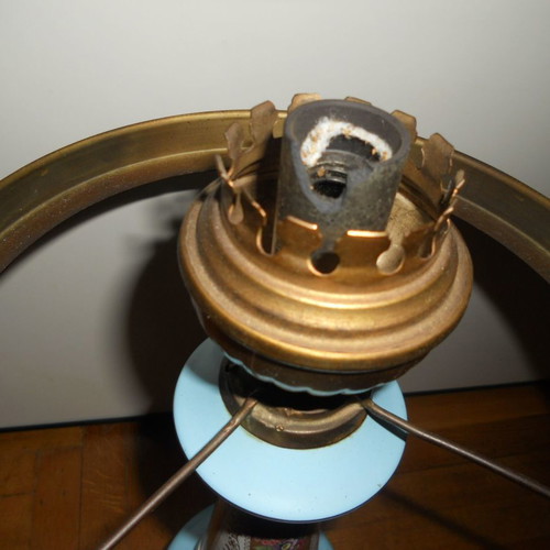 Sevres style Bleu Celeste table lamp used, ceramic and bronze