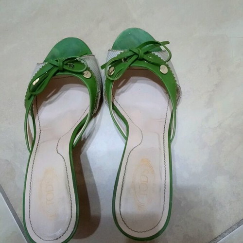 Tod's sandals used, beige and green with wooden heel, size 36.5