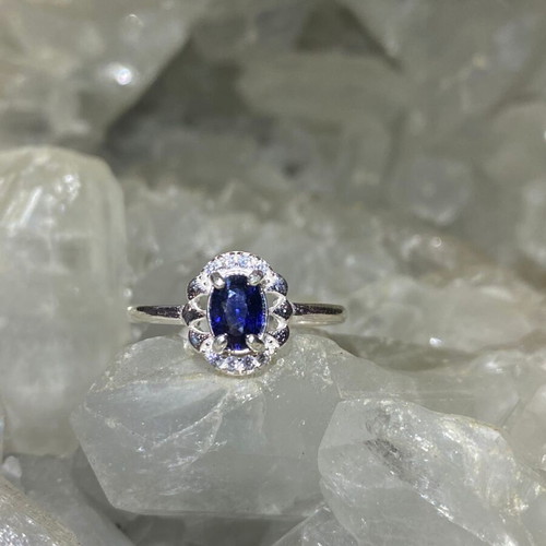 Handmade silver ring with natural blue sapphire and moissanites size 5