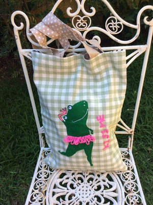 Tote bag handmade with Miss Froggy applique, new, green and pink
