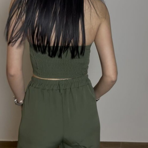 Khaki set with elastic waist pants and smocked back top new