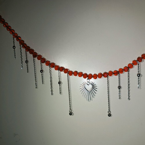 Steel necklace with red glass beads and chain fringes handmade new