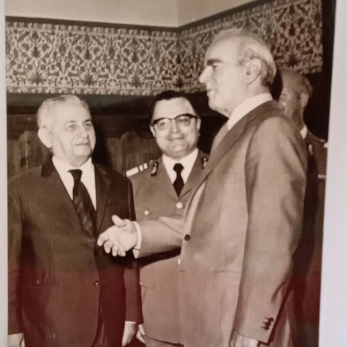 Historical photograph of Konstantinos Karamanlis with Greek officials 1975 used