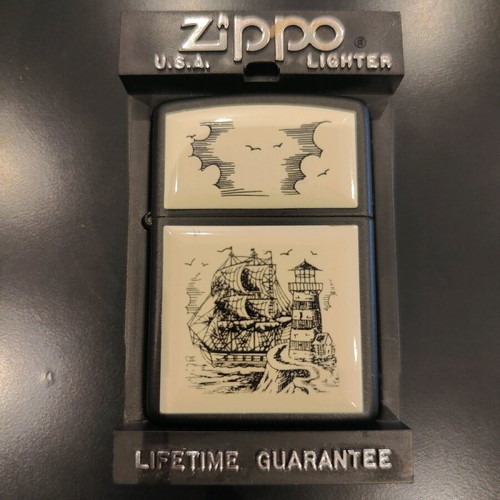 Zippo Scrimshaw Ship Lighter Black Matte 1999 new