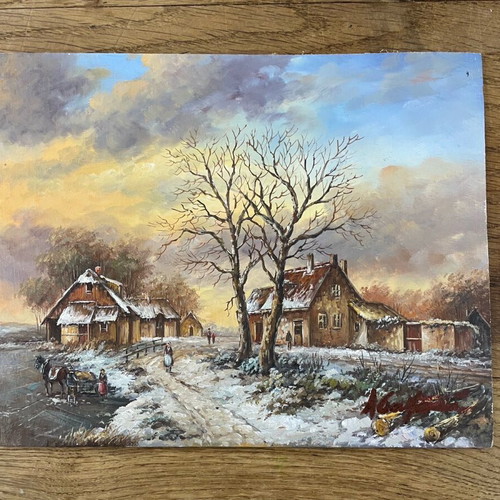 Oil painting on wood winter landscape by Abatucci