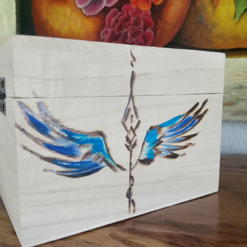 Wooden box with pyrography and painting, new