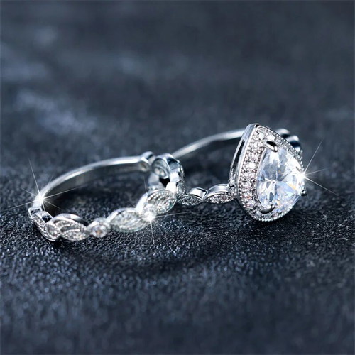 Set of rings tear-shaped solitaire and wedding band platinum plated silver 925 new