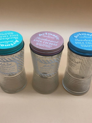 Glass jars used from aromatic deodorant stick cologne, pack of 3, made in USA
