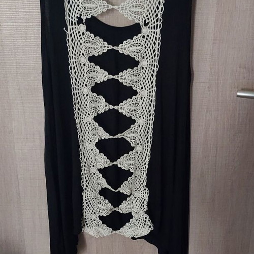 Italian boho blouse asymmetrical with lace back like new, black beige