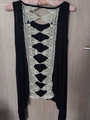 Italian boho blouse asymmetrical with lace back like new, black beige