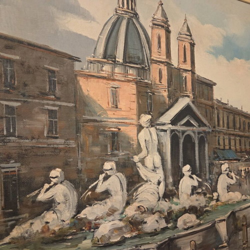Hand-painted Piazza Navona painting like new with frame