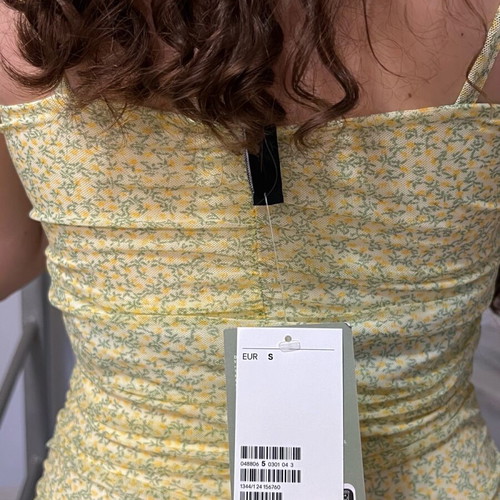 H&M Yellow Green Floral Ruched Dress with Lace New
