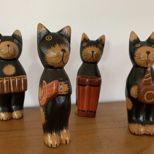 Wooden cat orchestra handmade, new, set of four figurines