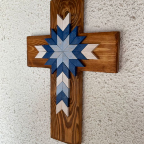 Handmade wooden wall cross with geometric design new