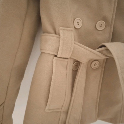 Woolen women's coat used size M beige with hood and belt