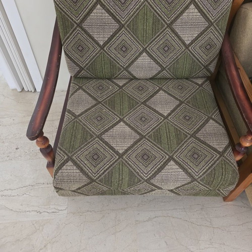 Vintage wooden armchair bed like new with green checkered pattern